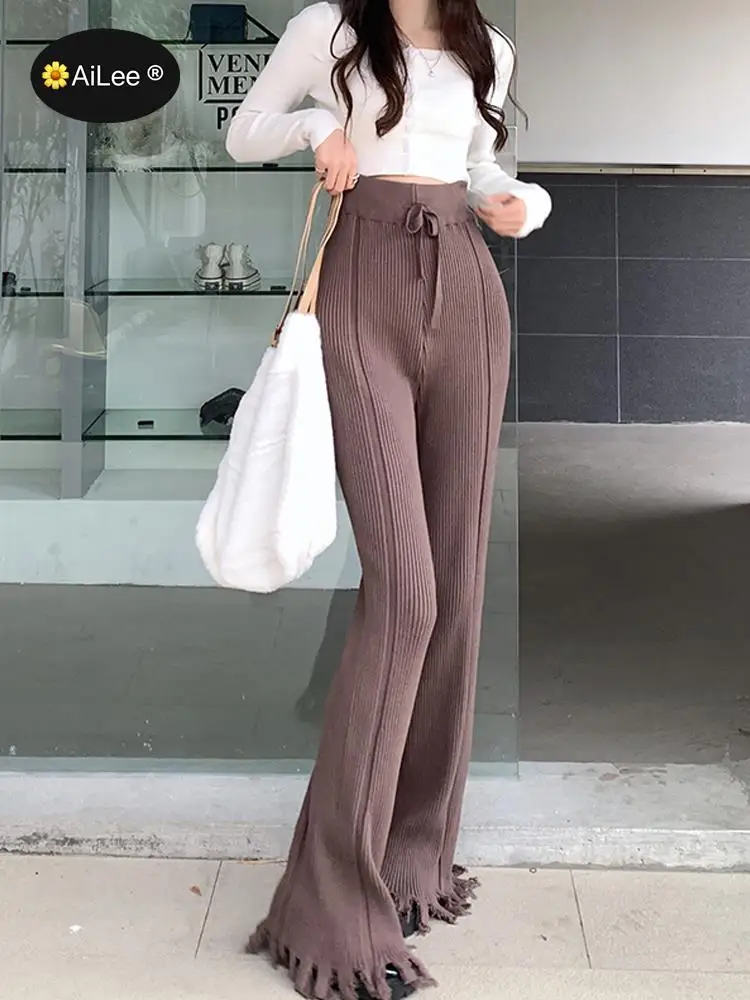 

Knitted Tassel Cuff Wide Leg Pants Straight Casual High Waist Pants Keep Warm In Autumn Solid Loose Thick Cosy Woman Trousers