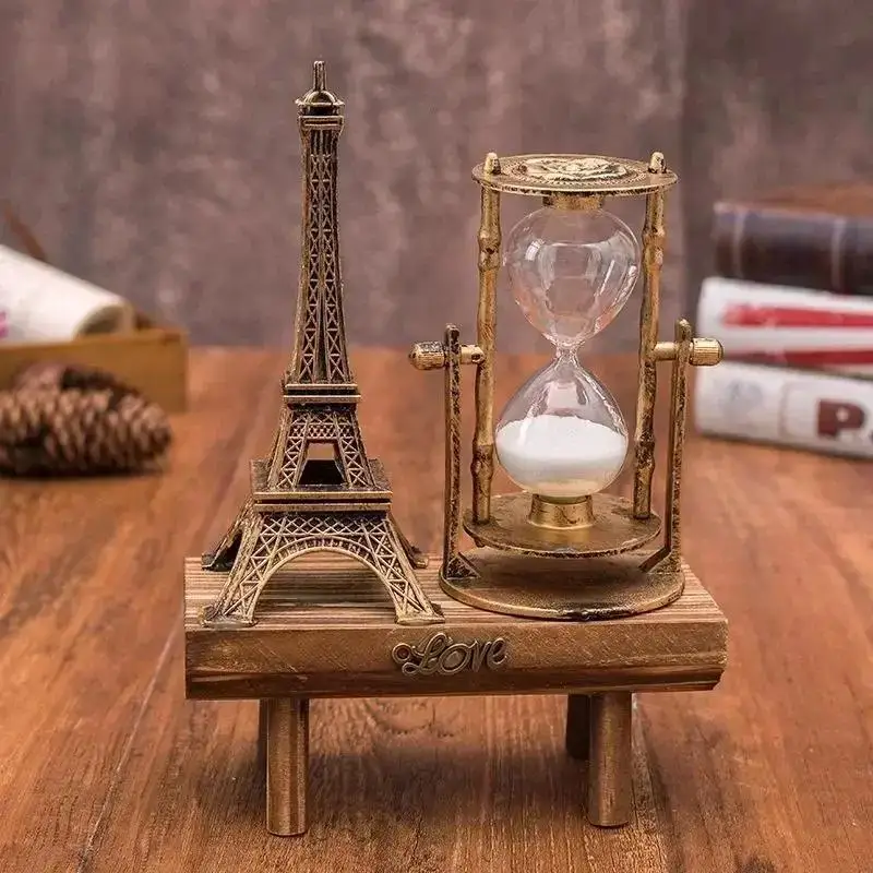 Creative Retro Iron Tower Hourglass Ornaments Simple Modern Home Study Wooden Pendulum Clock Hourglass Ornaments Home Supplies