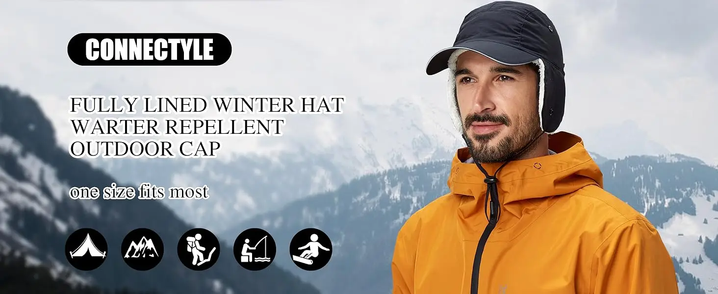 Connectyle Winter-Ohrenklappenmütze für Herren und Damen, mit Sherpa gefütterte Baseballkappe, wasserabweisend, reflektierend, verstellbar, warm, Sportmütze – Detail 1