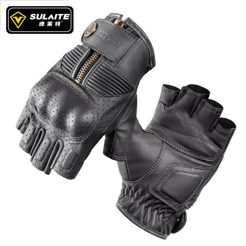 

Summer Man Motorcycle Gloves Leather Half Finger Short Zipper Gloves Antique Tactical Luvas De Moto De Couro Dedo Meio Tactic