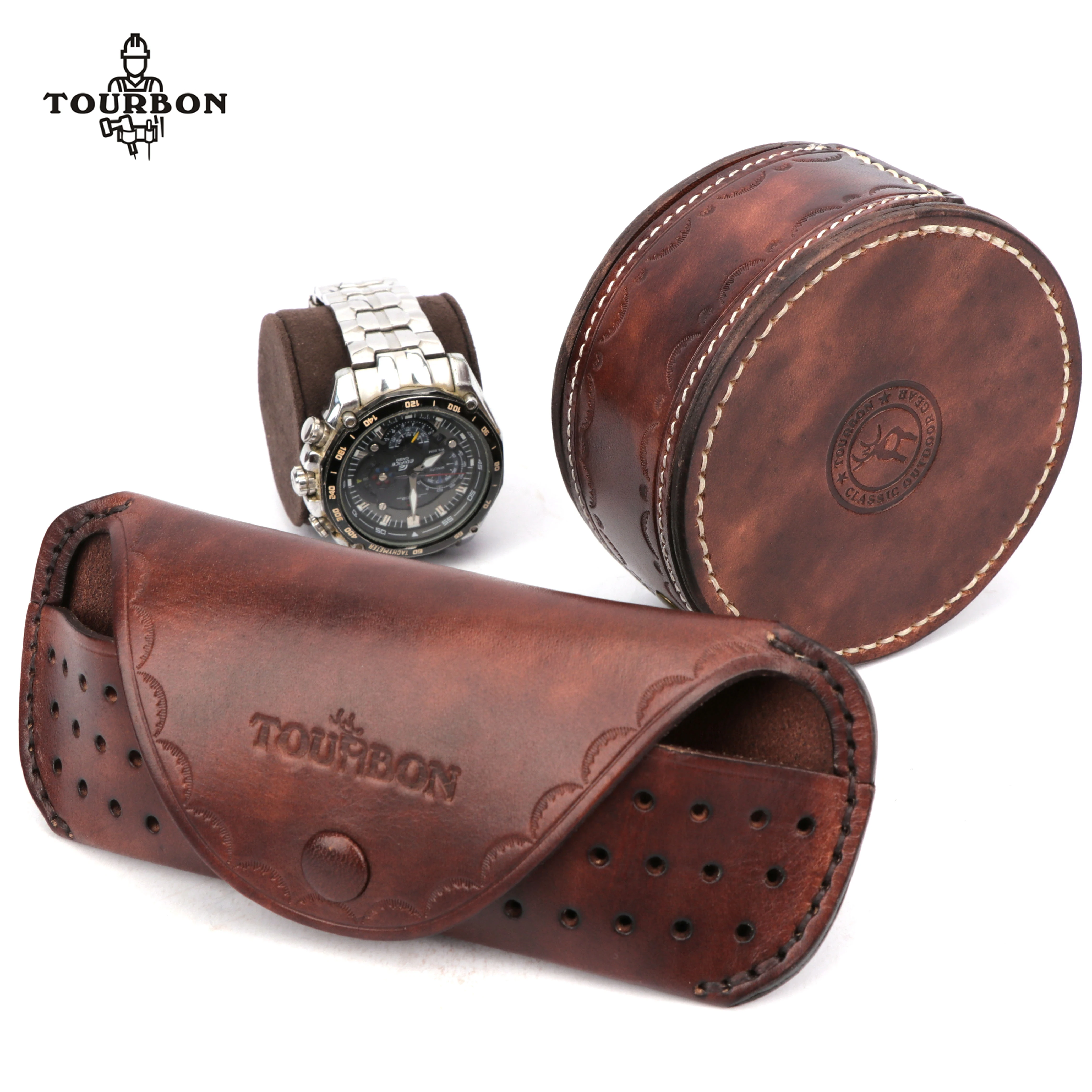 Tourbon Genuine Leather Eyeglasses Sunglasses Case Watch Storage Case