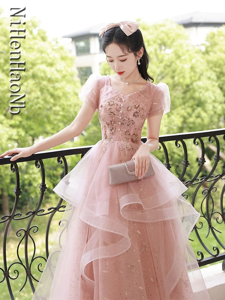 Exquisite Pink Evening Dress 2023 New Puff Sleeve Ruffles Long Prom Gowns  Women Sequin Lace-Up Banquet Party Ball Gowns - AliExpress