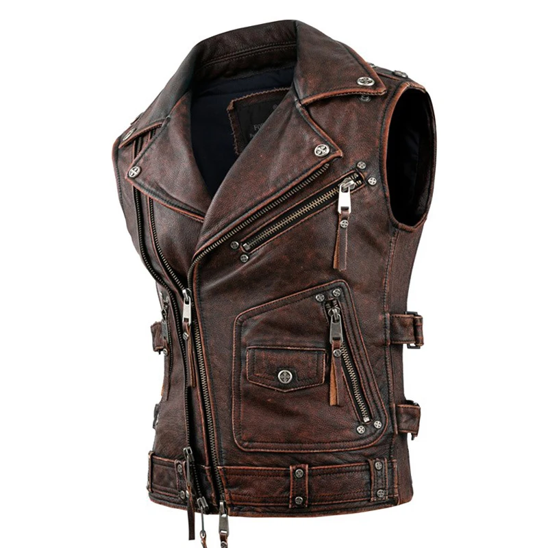 Vintage Brown Motorcycle Vests Men Natural Cowhide Genuine Leather