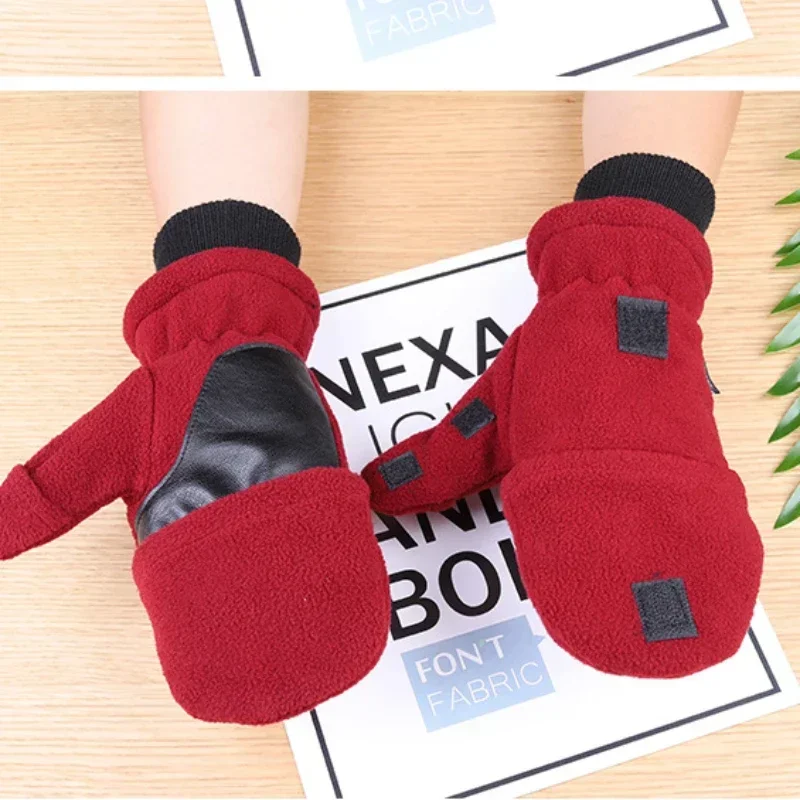 Winter warm Gloves Fingerless Convertible Thermal Mittens Gloves Windproof Polar Fleece Warm men women double-layer Flap Gloves 5