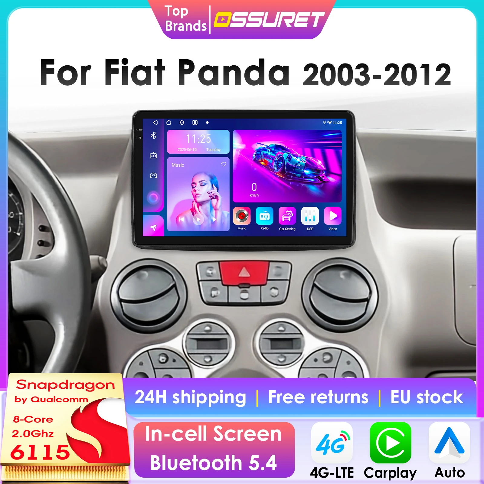 2Din 360-Grad-Kamera 8G 128G Android 14 Autoradio für Fiat Panda 2003-2012 Auto-Multimedia-Player Intelligenter Bildschirm Autoradio Carplay