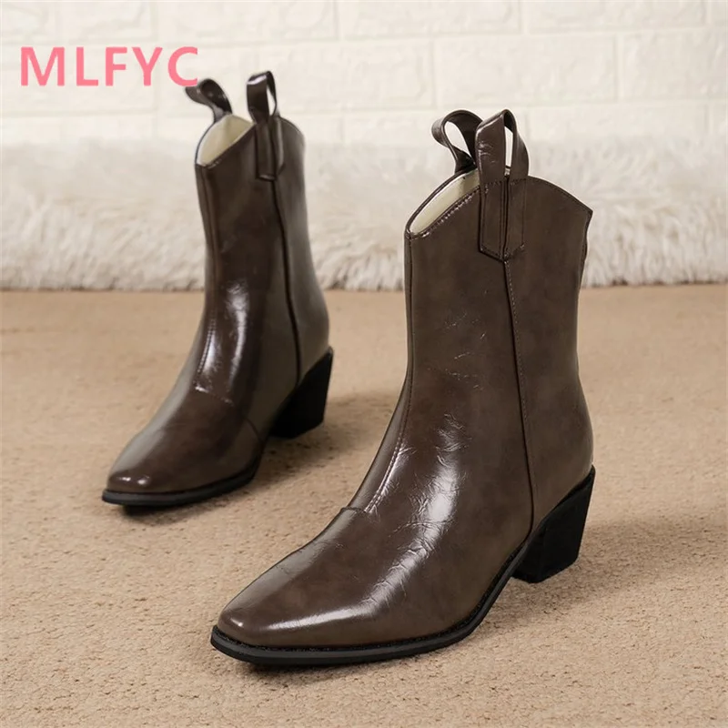New Winter European American Pointed Retro Coarse Heel Boots Feminine Style Simple Large Short Boots Cowboy Boots for Women