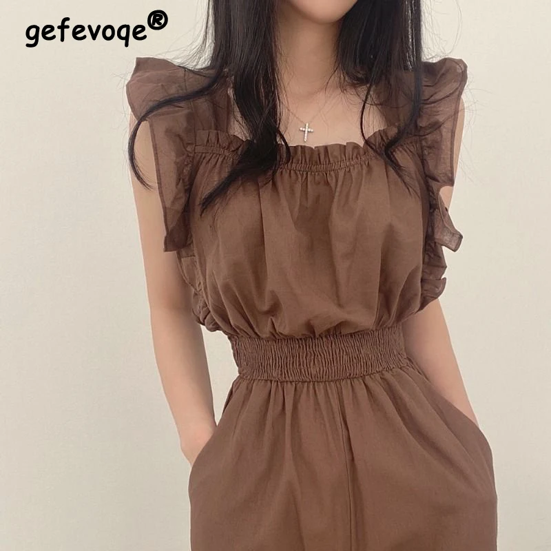 

2023 Summer Women Vintage Ruffled Square Neck Elegant Jumpsuits Korean Fashion High Waist Wide Leg Pants Chic Streetwear Rompers