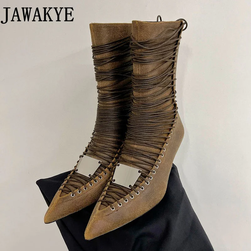 

Western Brand Strappy Shoes Ankle Boots for Women Sexy Pointy Cross Lace Up Suede Leather Formal Boots Slim Fit High Heel Shoes