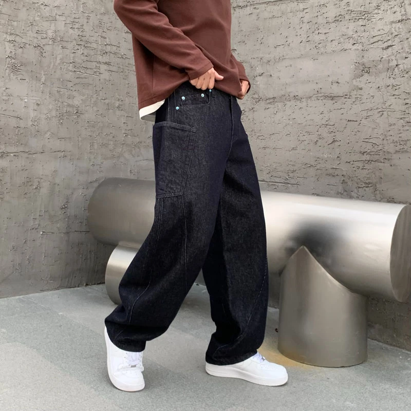 Durable Black Raw Jeans Men Plain Loosen Wide Leg Baggy Denim Bottoms Male's Classic Work Pants 3