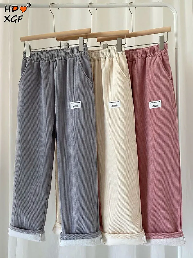 

Corduroy Solid Color Plus Velvet Straight Trousers Korean Fashion Elastic High Waist Thicken Sweatpants Women Casual Baggy Pants