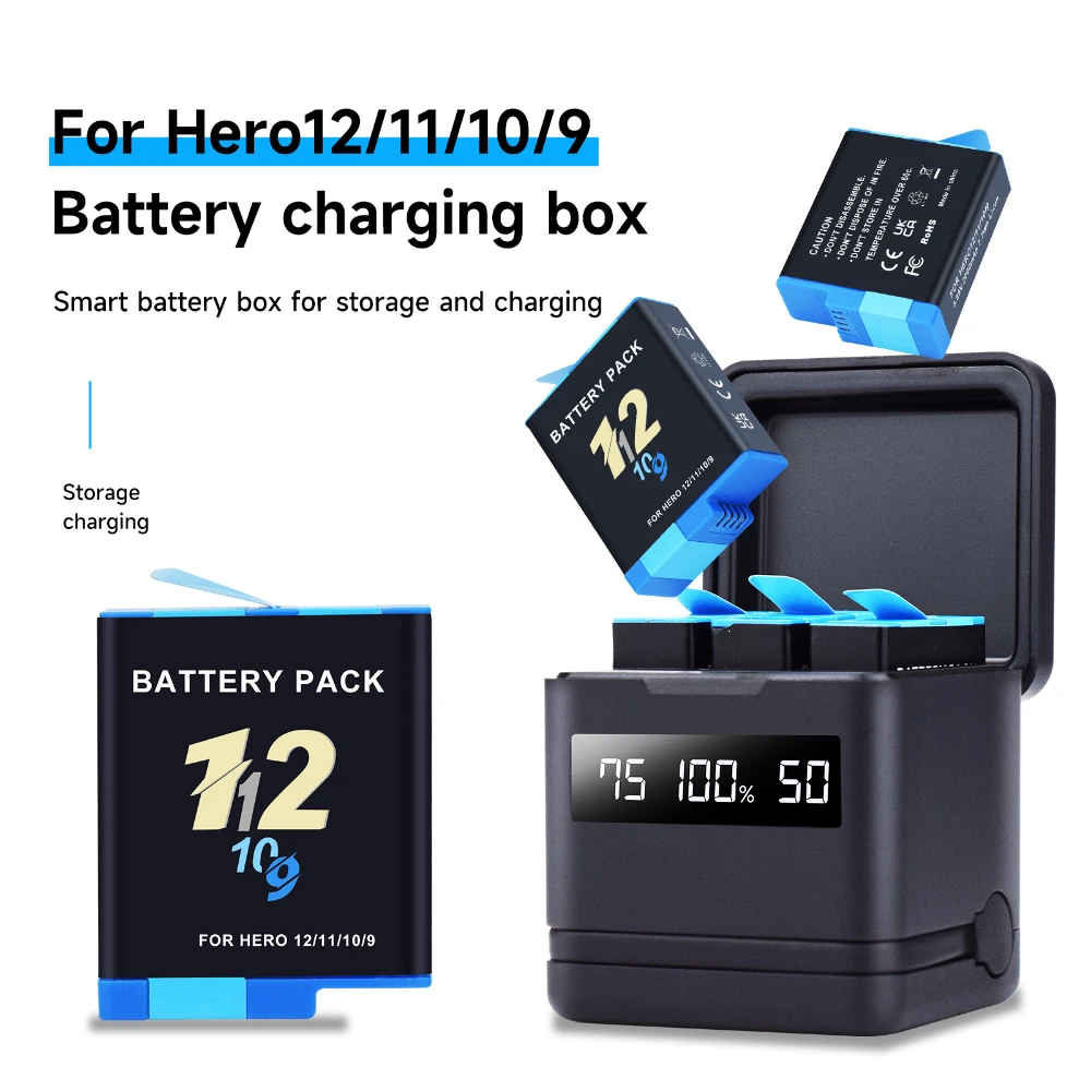 PALO-Batterie pour appareil photo 2000mAh, boîtier de chargeur rapide à 3 voies, stockage de carte TF pour GoPro fore12, 11, 10, 9, accessoires