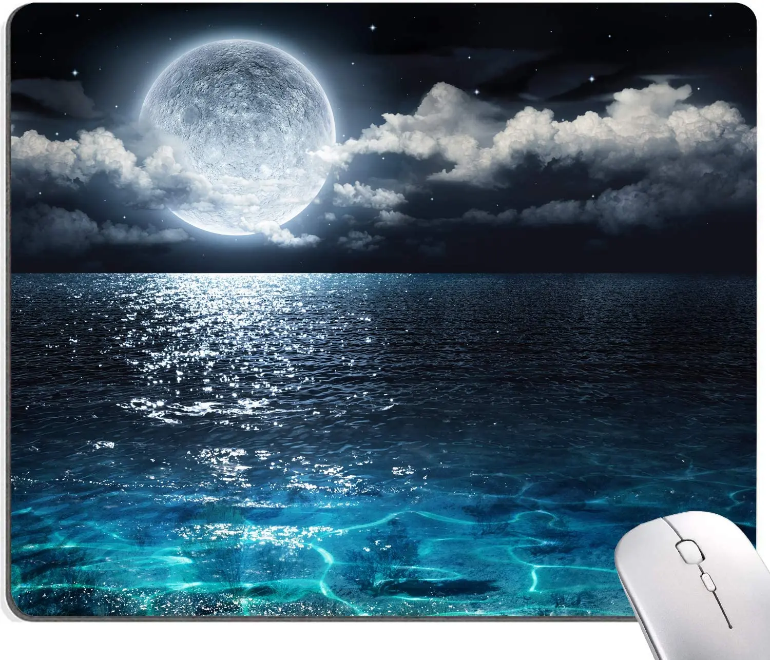 Ocean and Moon Mouse Pad Moon Illuminating The Clear Blue Ocean Mouse Pad Waterproof Non-Slip Rubber Base for Computer Laptop