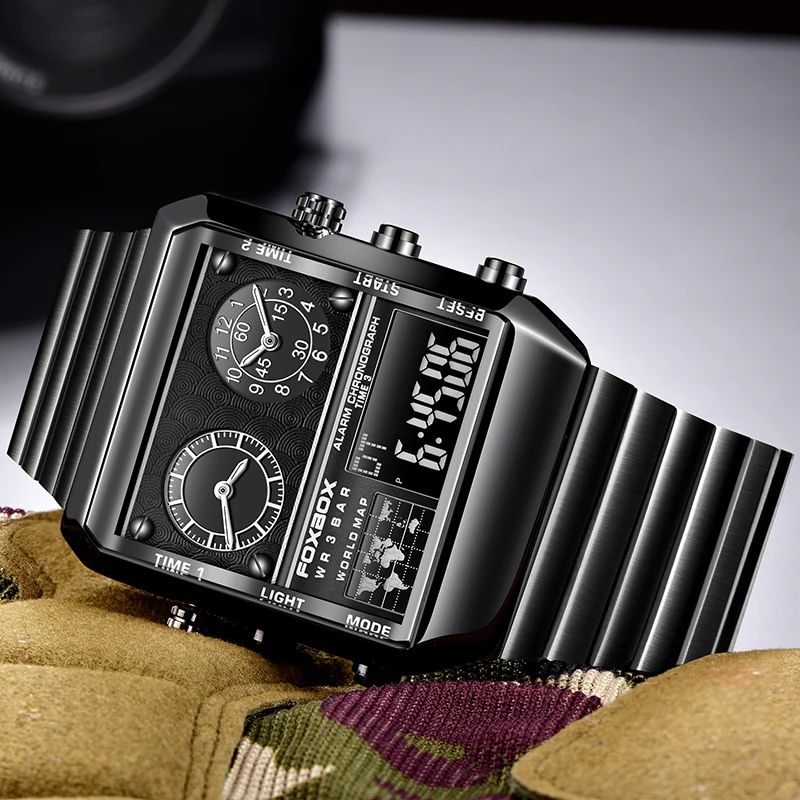 New Original FOXBOX Luxury Square Stainless Steel Men's Digital Wristwatch Fashion Business Waterproof Luminous Watches For Men