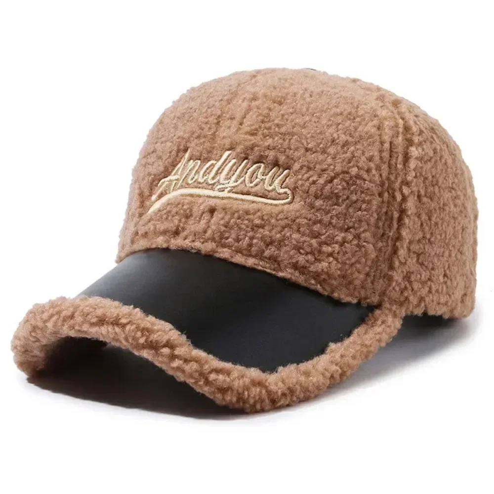 Men Women Lamb Wool Embroidery Letter Baseball Cap Autumn Female Winter Warm Outdoors Fashion Snapback Adjustable Hat Casquette