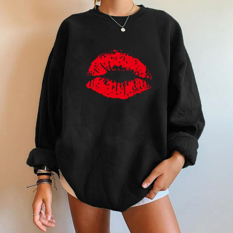 

Seeyoushy Drop Shoulder Women Sweatshirts Red Lips Print Long Sleeve Sweatshirts Harajuku Autumn Tops Clothes Moletom Feminino