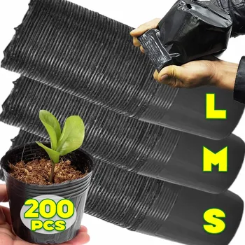200/50PCS Black Nursery Grow Bag Seeds Starting Seedling Container Plastic Nutrition Pots Flowers Grow Cups Garden Vegetable Box