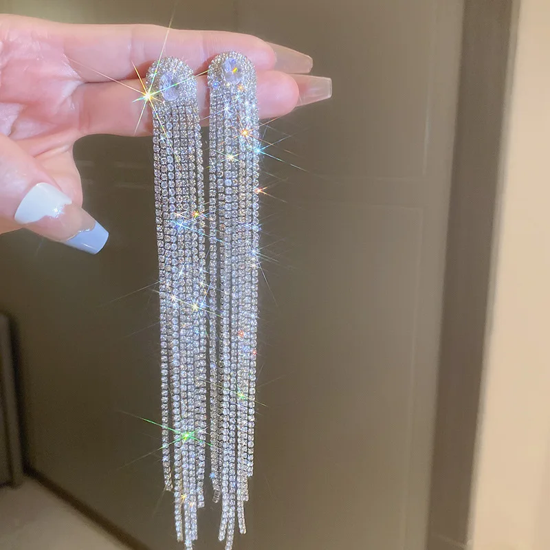 Geometric Long Tassel Crystal Clip on Earrings For Women Silver Gold Color Rhinestone Earring Party Wedding Women's Accessories