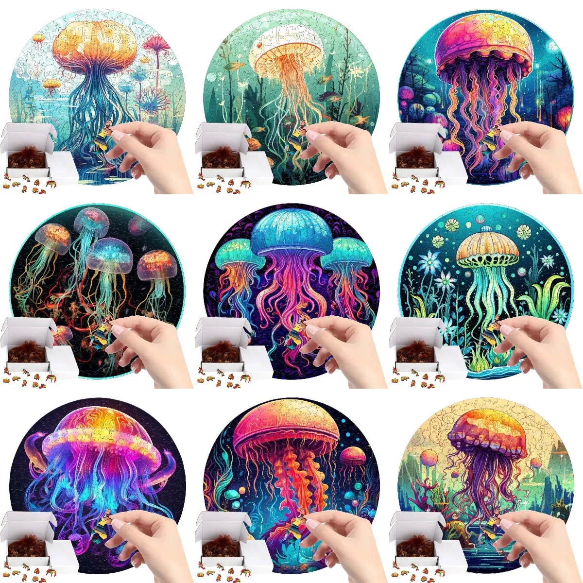 

Wood Jigsaw Puzzles Round Jellyfish Marine Life Animal Wooden Puzzle Board Game Adult Children's Educational Toys with Box