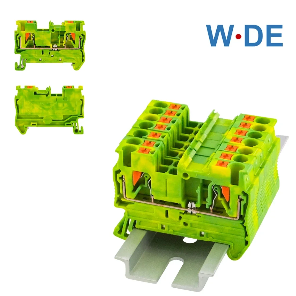 Din Rail Ground Terminal Block 10Pcs PT-2.5PE Spring Connection Feed Through Push In PT2.5-PE Wire Conductor Din Rail Terminal Block