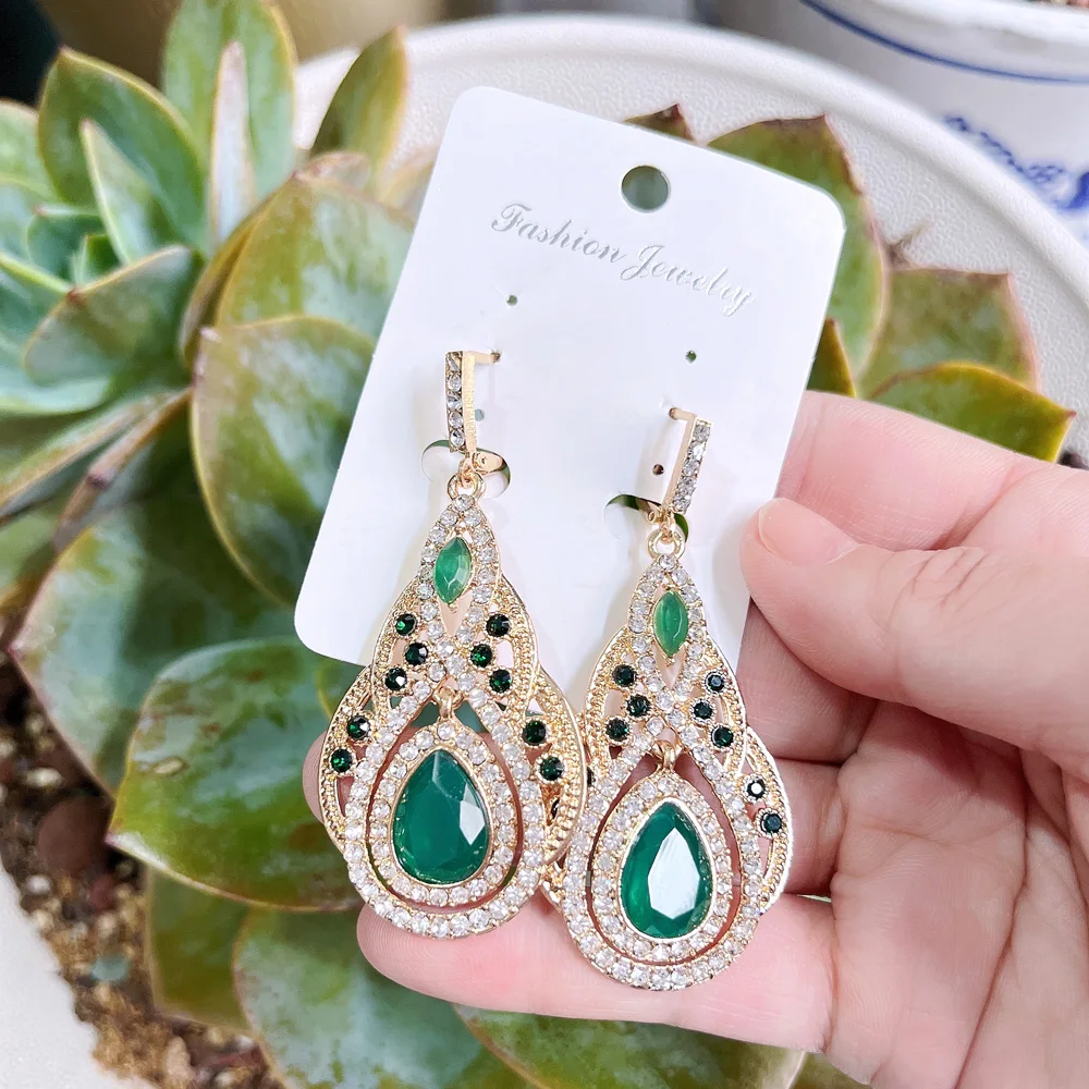 Sunspicems Chic Morocco Women Drop Earring Full Crystal 18K Gold Color Palace Banquet Wedding Jewelry French Bridal Earring Gift
