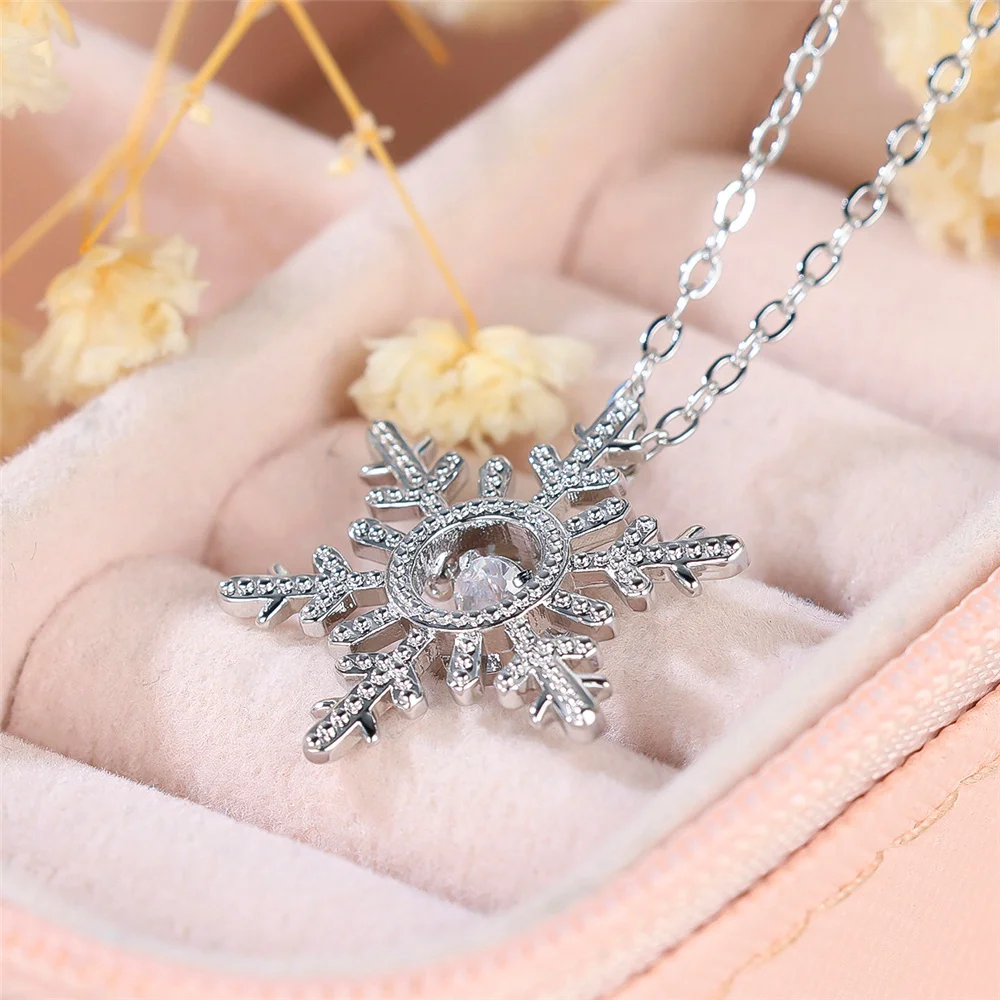 Female Crystal White Zircon Stone Snowflake Pendant Necklace Cute Silver Color Wedding Jewelry For Women