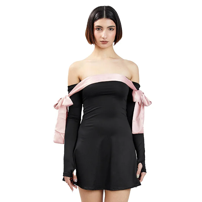 JULISSA MO 2025 Autumn Fashion Strapless Long Sleeve Bow Mini Dress For Women Sexy Slim A-line Outfits Solid Patchowrk Dress New