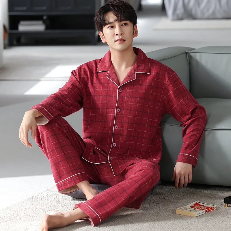 Spring Autumn Men's Cotton Pajamas Long Sleeve Lapel Plaid Cardigan Pants Oversized Loose Fitting Casual Home Clothing Set