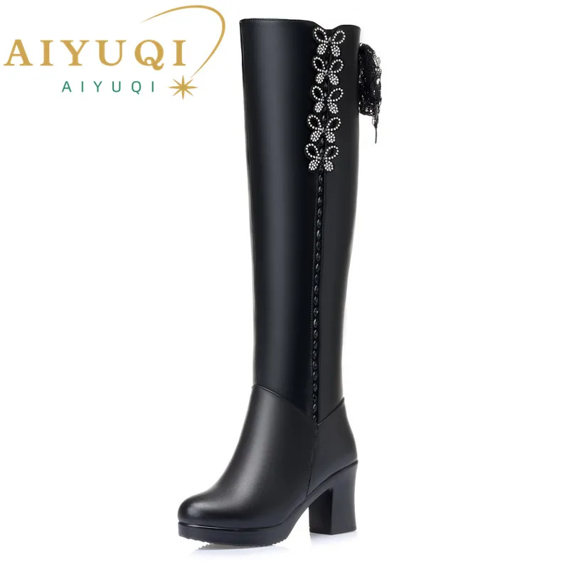 

Thigh High Boots Women Winter Genuine Leather High Heel Fashion Women Over The Knee Boots Wool Warm Motorcycle Boots Women