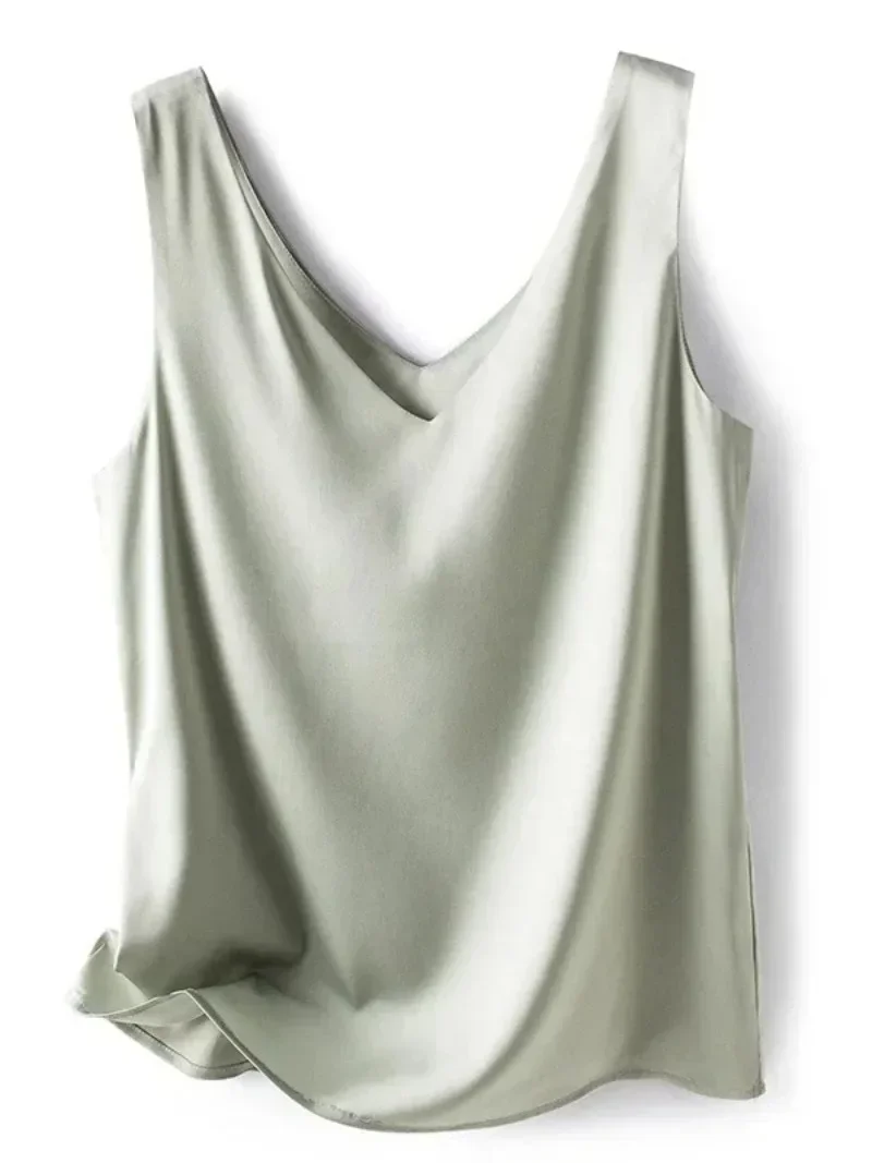 Woman T-shirts Elegant SILK Satin Blouse Sleeveless Female Summer Casual Loose Tanks and Camis Solid Green Tops for Women 4