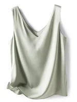 Femme T-shirts élégant soie Satin Blouse sans manches femme été décontracté ample réservoirs et Camis solide vert hauts pour les femmes 4