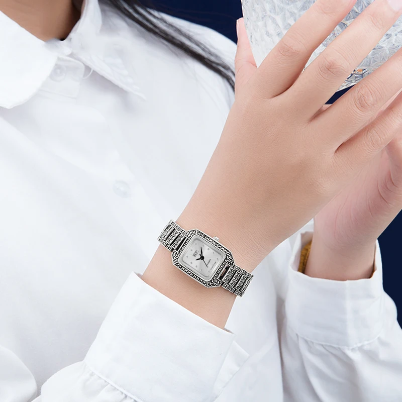 YYSUNNY Women Brilliant S925 Sterling Silver Bracelet Classic Quartz Watch for Ladies Vintage Jewelry Birthday Gift