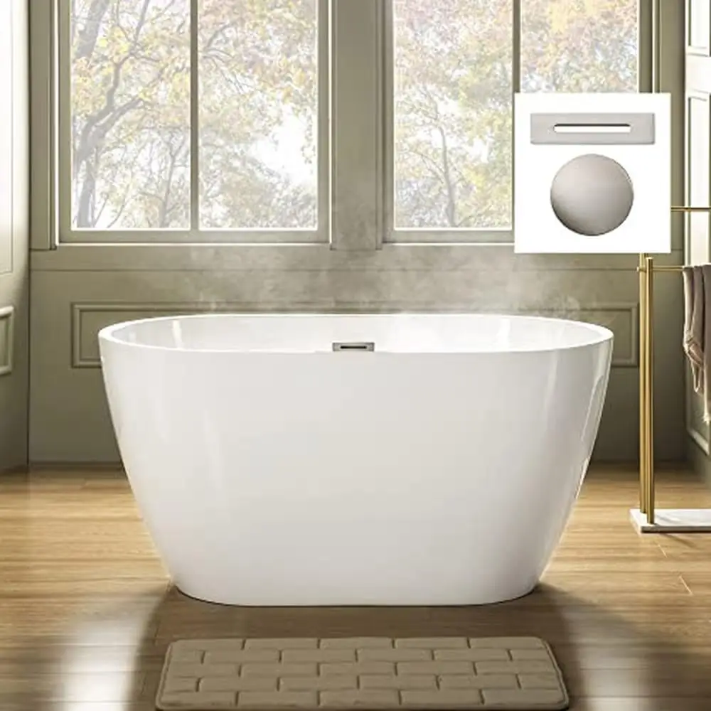 48" Contemporary Acrylic Freestanding Bathtub Soaking Tub Non-Slip Design White(Brushed Nickel Drain/Overflow Kit Included 2