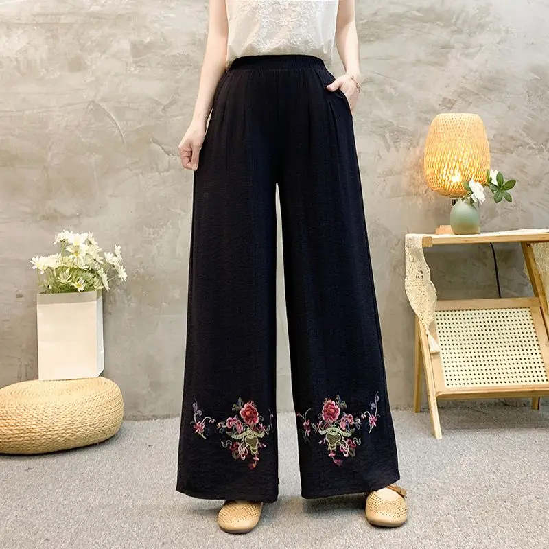 2024 Summer New Chinese Style Retro Folk Elasticized High-waisted Embroidered Ruched Loose Women's Wide Leg Cotton Linen Pants