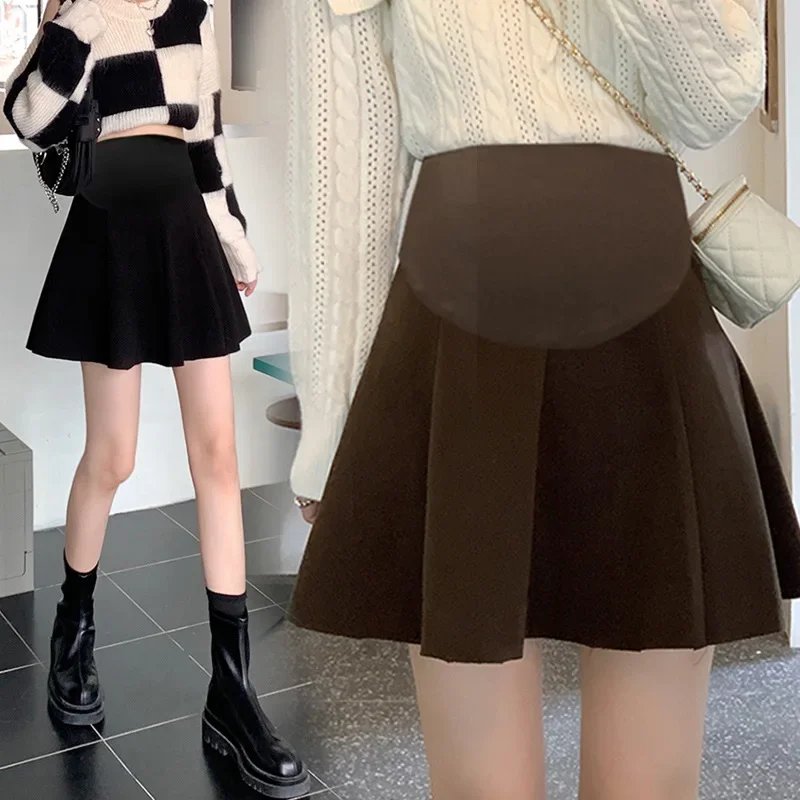 High Waist A- Line Mini Skirt for Pregnant Women Autumn Winter Woolen Sweater Outerwear Versatile Short Skirt Childproof