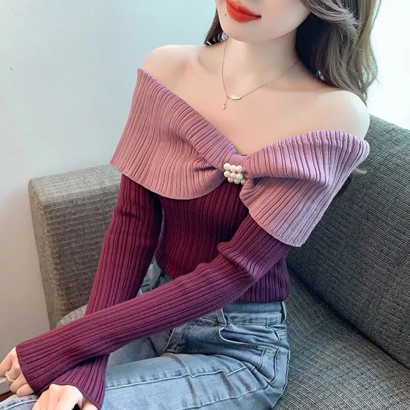 

Sweet Sweater Women's Clothing Slash Neck Bow Off Shoulder Jumper Pull Femme Beading Fashion Temperament Knit Cropped Pullovers