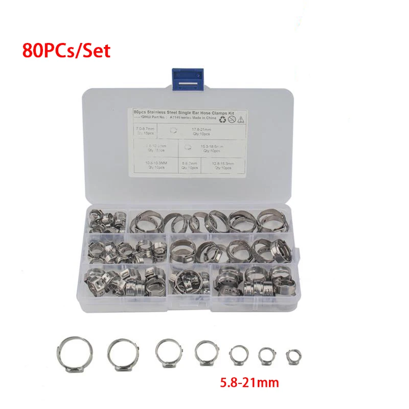 

80PCs/Set Ear Stepless Hose Clamps 304 Stainless Steel Hose Clamps 5.8-21mm Hose Clamps For connection of soft hard pipes