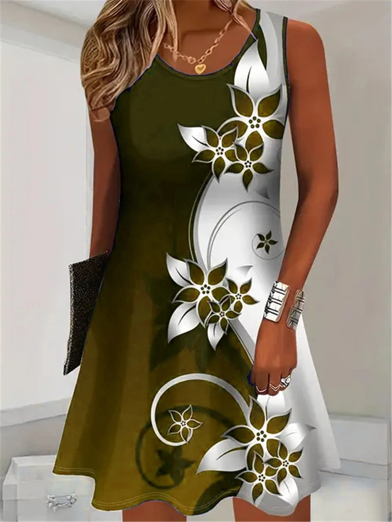 Fashion Floral Pattern Women Mini Dresses Summer Sleeveless Flower 3D Print Street Trend Ladies Dress 3XL Plus Size Casual Dress