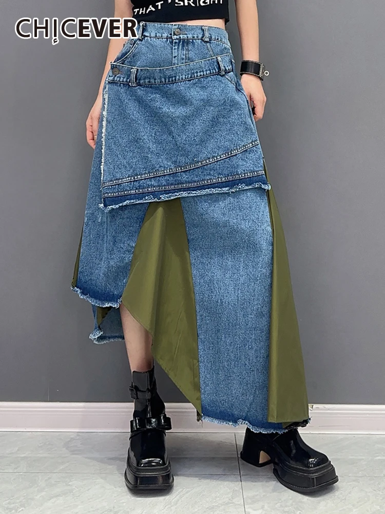 

CHICEVER Patchwork Denim Skirts For Women High Waist Spliced Button Loose Hit Color Folds Asymmetrical Summer Midi Skirt Female
