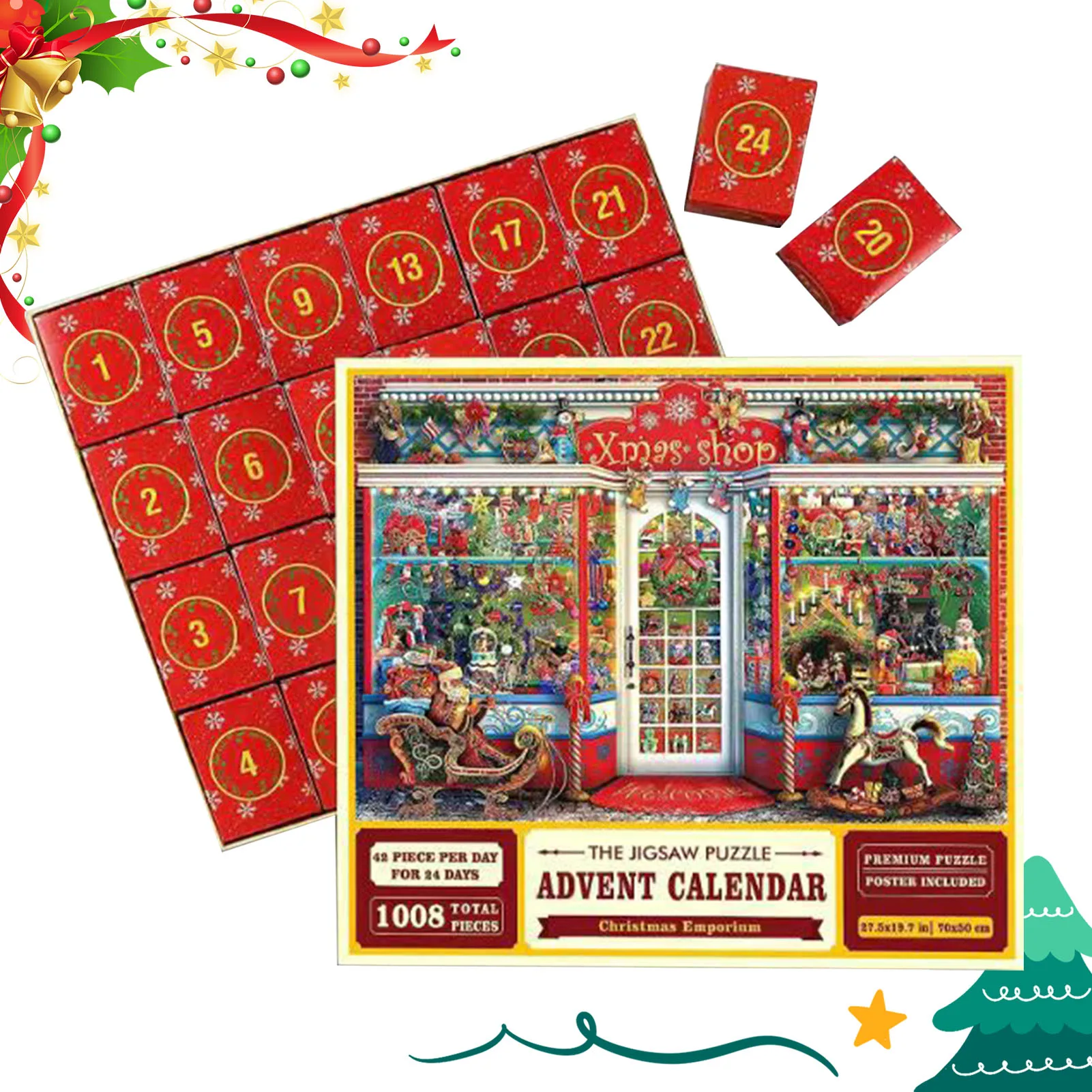 thumbnail image 1 of Calendario de Adviento con rompecabezas navideños, 1008 piezas, calendario de cuenta regresiva, rompecabezas, calendario de regalos navideños sorpresa de 24 días, 1 of 5