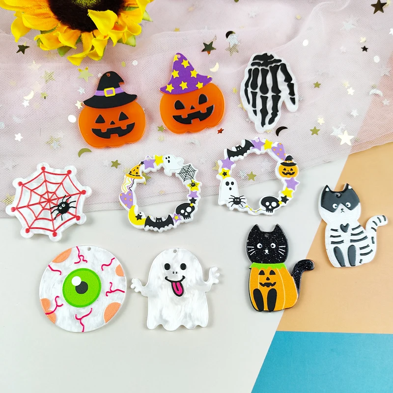 

Mix 10pcs/20pcs Acrylic Halloween DIY Charms Cat Pumpkin Ghost Plate Spider Web Print Pendant For Jewelry Making Trick Or Treat