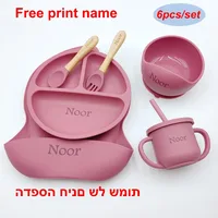 6Pcs Silicone Tableware For Kids Baby Feeding Sets Sucker Bowl Dining Plate Spoon Fork Bib Cup Personalized Name Children’s Gift