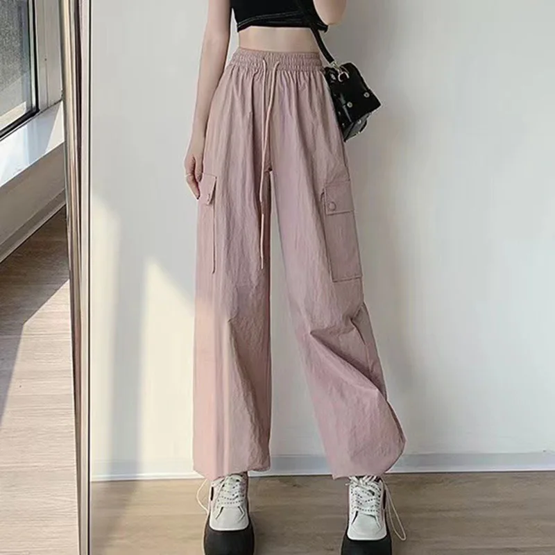2024 Women Cargo Pants Casual Big pocket Wide leg Long Pants Elastic waist Sports outside street trousers for girls