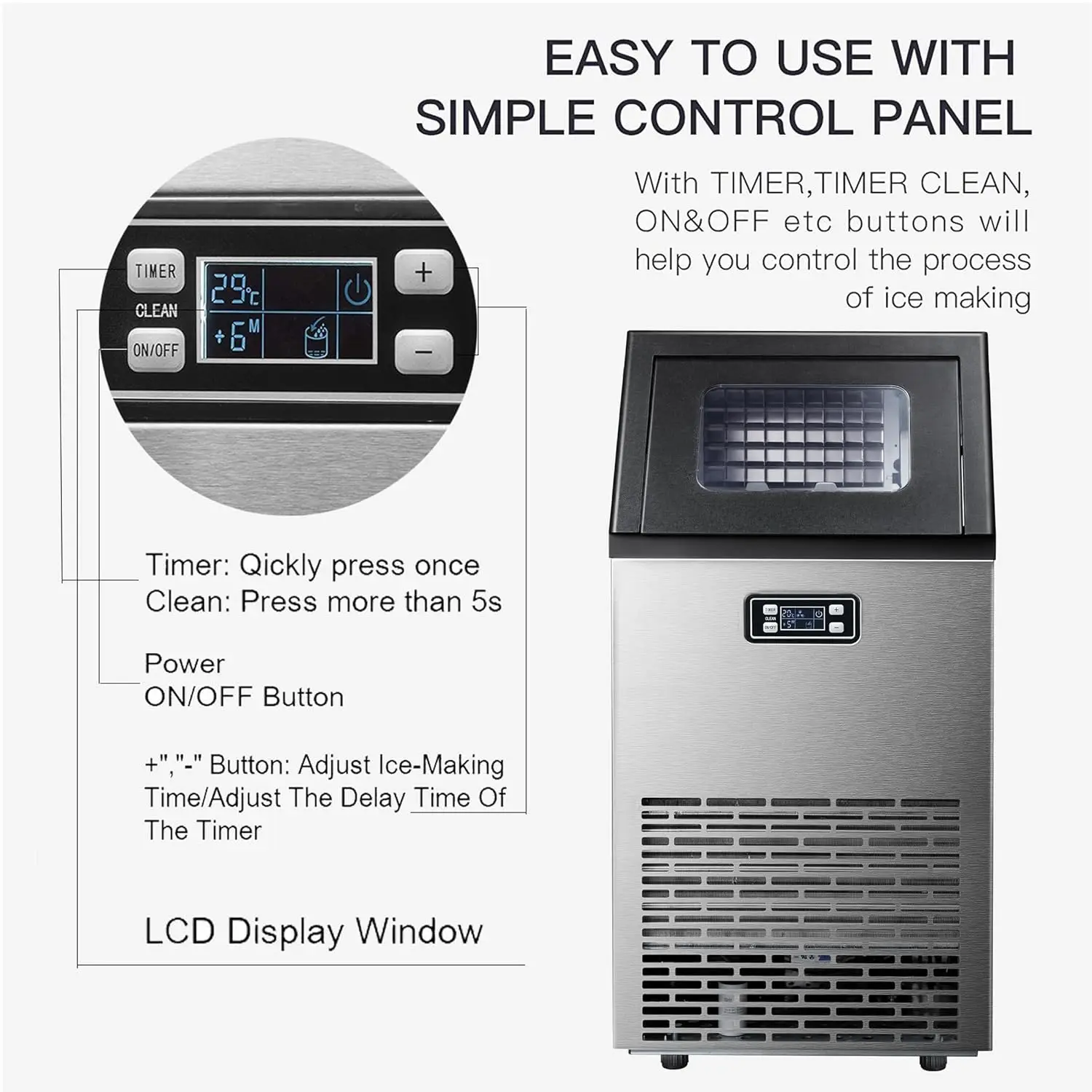Star Commercial Ice Makers Machine Stainless Steel Makers 100 Lbs of Ice Per 24H with 33 Pounds Storage Capacity Ice Cubes Frees 2