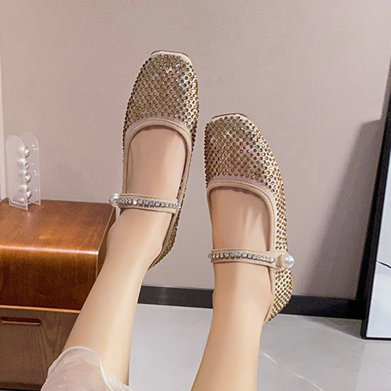 풀 다이아몬드 에어 메쉬 발레리나 슈즈, 스퀘어 토 메리 제인, 크리스탈 플랫, 신부 웨딩 로퍼, 댄스 발레 슈즈