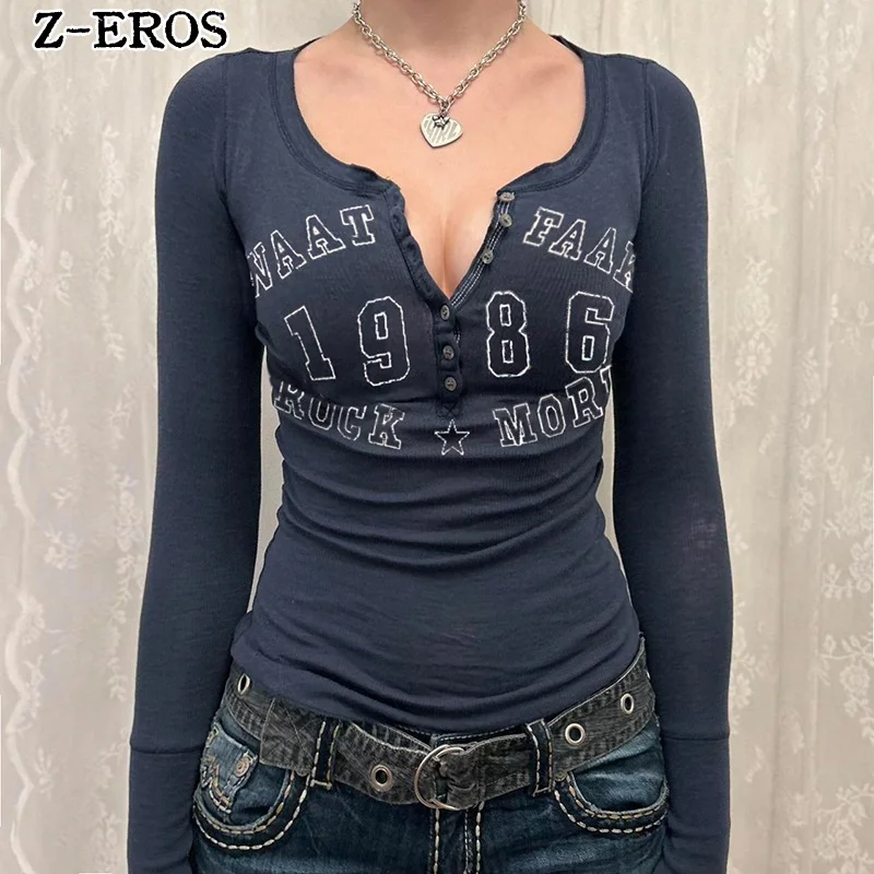 

Z-EROS Printed T-Shirt Y2K Long Sleeved Slim Fit Top For Button Basic Comfortable Casual V-Neck Pullover With Bottom Short Top