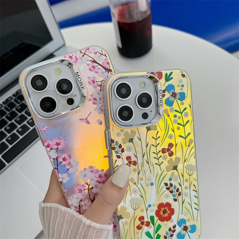 Coque de téléphone de luxe galvanisée à motif de fleur laser pour iPhone 16 15 14 13 Pro Max, coque arrière rigide antichoc en PC mat_voghion.com