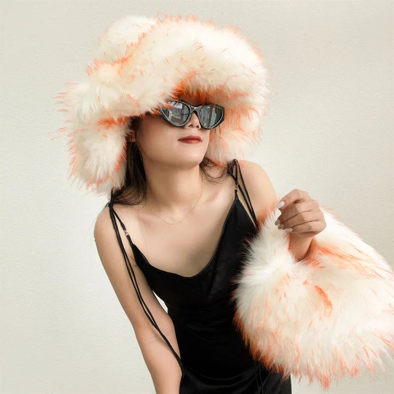 Y2K Millennium Girl Autumn Winter Fur Hats Handbag Sets for Women