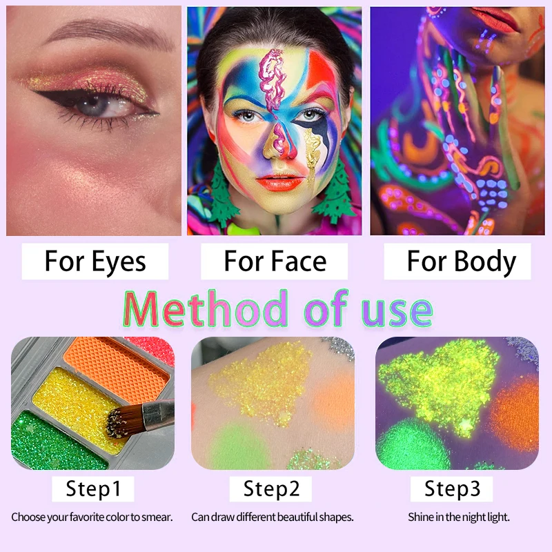 Blacklight UV Glow in Dark Fluorescent Eyeshadow Palette Stage Clubbing Neon Makeup Palette 10Colors Pigment Luminous Eye Shadow