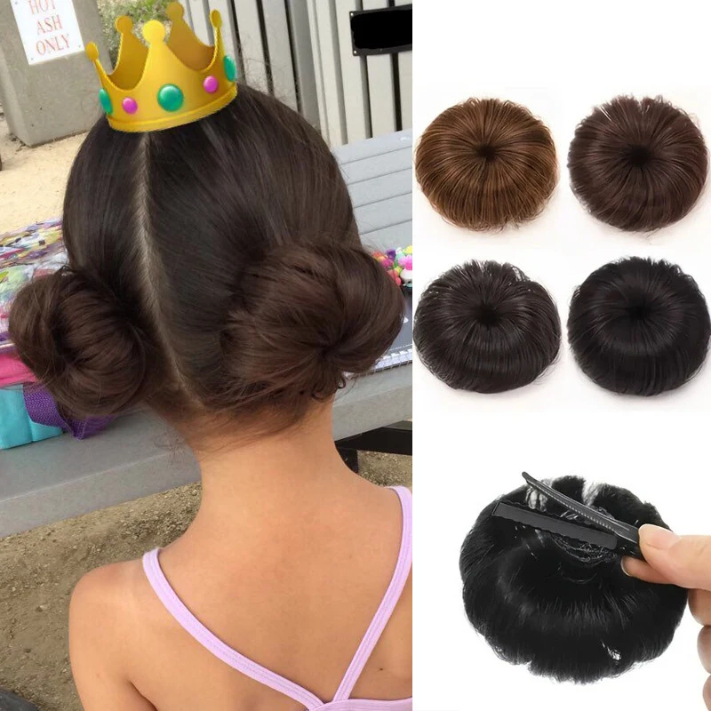 2Pcs Hair Bun Extensions Donut Chignon Hair Wig Synthetic Black Brown Wig Hair Clips for Kids Daily Use Children's Hairpieces