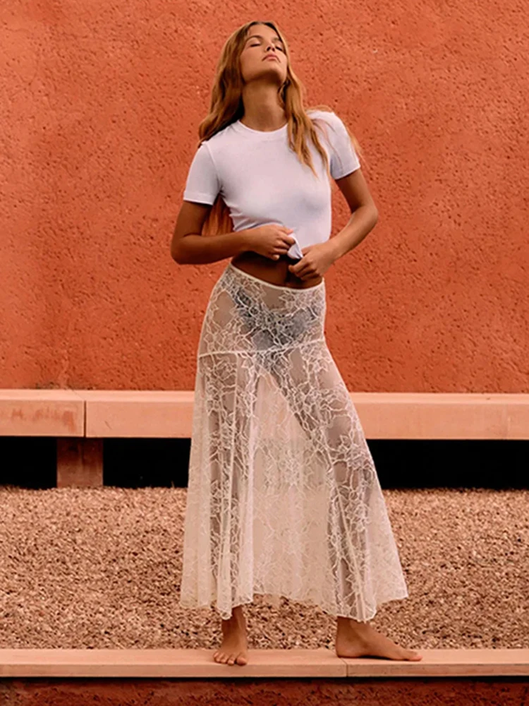 White Lace Maxi Skirt Women Sexy See Through Beach Bikini Cover Up Skirts Summer Casual Loose High Waist Holiday Skirt 2024 2